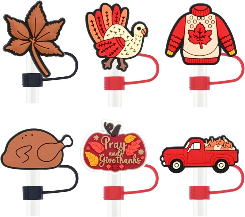 LYLYNB 6Pcs Straw Covers Cap for Tumblers, Fall Straw Toppers 10mm Reusable Straw Lids Protectors Turkey Pumpkin Maple Leave Design Cute Straw Cover Thanksgiving Straw Topper Stanley Cup Accessories - Image 1